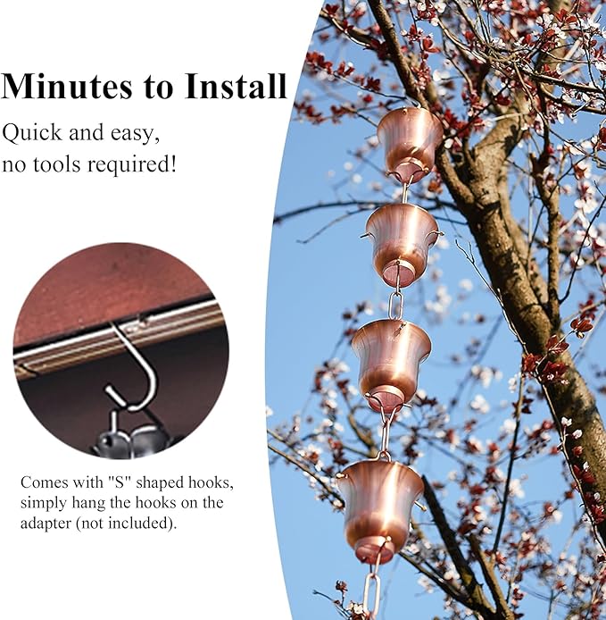 Elegant Copper Rain Chain Large Cup, Replacement Downspout for Gutters, Outside Rainwater Catcher Diverter for Villa/Deck/Pergola (Style a 3m (10ft))