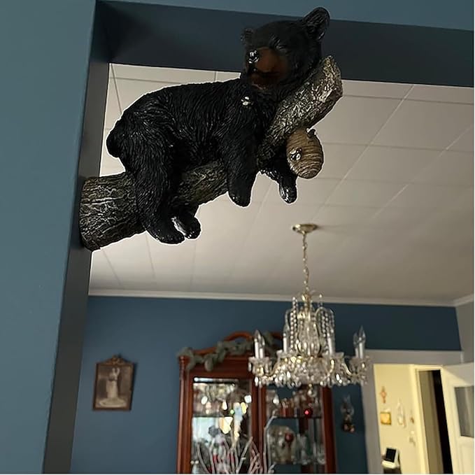 Black Bear Cub & Tree Faces Outdoor Decor - Statue with Stump Sculpture, Garden Peeker Tree Hugger Art for Outdoor Garden Decoration