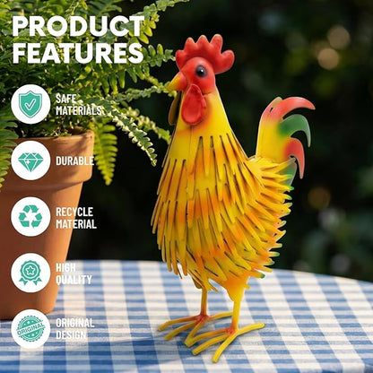 Metal Rooster Decor Statue, Colorful Farmhouse Chicken Figurine for Indoor Tabletop, Shelf Kitchen Display, Rustic Garden & Patio Accent, Unique Gift for Women Mom