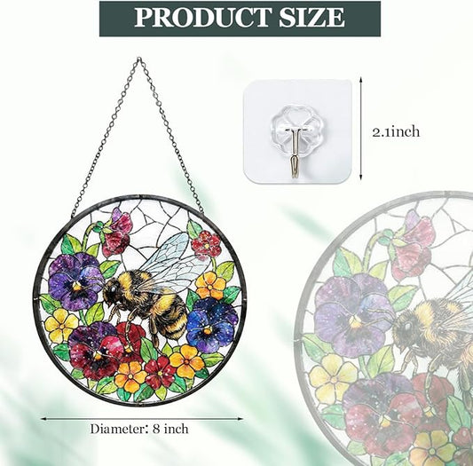 Bee Stained Glass Window Hanging - Round Floral & Bee Suncatcher with Chain, Colorful Glass Ornament for Home Garden Window Decor Gift, 8 Inch