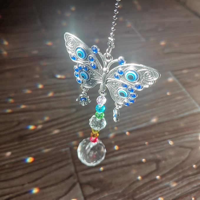 Window Hanging Suncatcher with Crystal,Blue Butterfly Garden Hanging Rainbow Maker Ornament (Butterfly)
