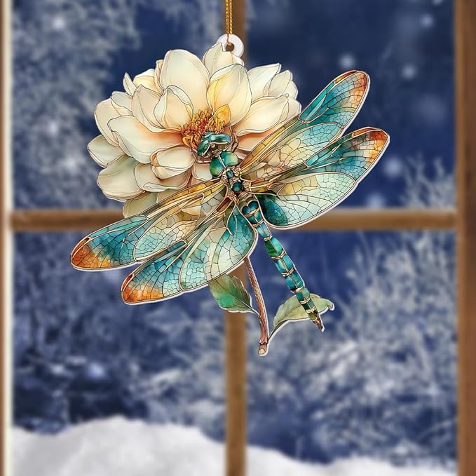 Dragonfly Ornament Stained Glass Style – Acrylic Window Hanging Suncatcher with Flower, Dragonfly Gifts for Women, Christmas Tree Ornament, Whimsical Home & Garden Décor(Sun-21)