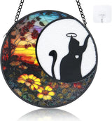 Stained Glass Window Hanging - 6.3 Inch Cat Memorial Suncatcher, Cat Ornament for Window Home Door Wall Garden Outdoor in Loving Memory for Loss, Cat Lover Sympathy Gifts for Adults Women Men