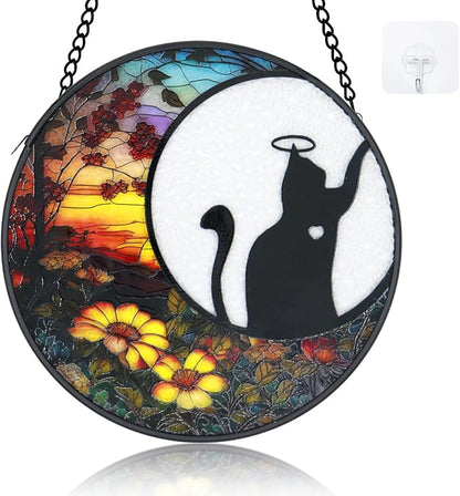 Stained Glass Window Hanging - 6.3 Inch Cat Memorial Suncatcher, Cat Ornament for Window Home Door Wall Garden Outdoor in Loving Memory for Loss, Cat Lover Sympathy Gifts for Adults Women Men