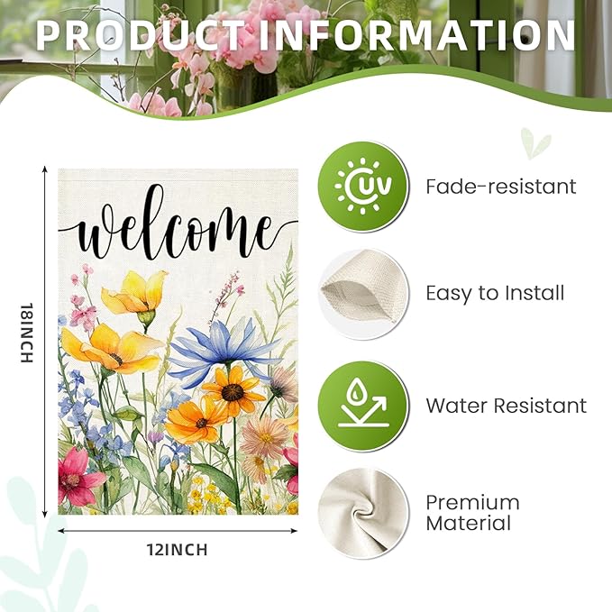 Welcome Summer Flowers Garden Flags for Outside, Watercolor Floral Yard Decoration, Small Seasonal Spring Outdoor Decor for Farmhouse Holiday,12x18 Inch Double Sided
