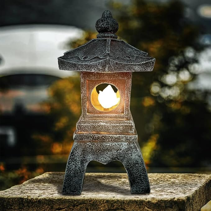 13 Inch Solar Pagoda Lantern Outdoor Statue, Pagoda Sculpture with Solar Lotus Light Asian Decor Zen Garden Art Japanese Temple Pagoda Lamp for Patio Yard Lawn Home Decorations Ornament Gift