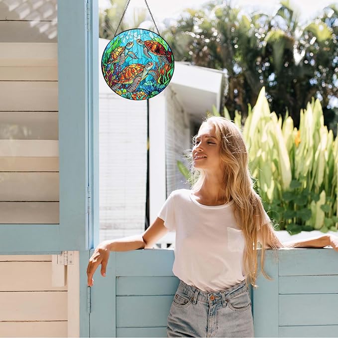 Sea Turtle Stained Glass SunCatcher Window Hanging Sea Turtle Gifts for Women Handmade Sun Catcher Decoration for Home Decor Gifts for Ocean Lover Sea Life Decor 7.87inch