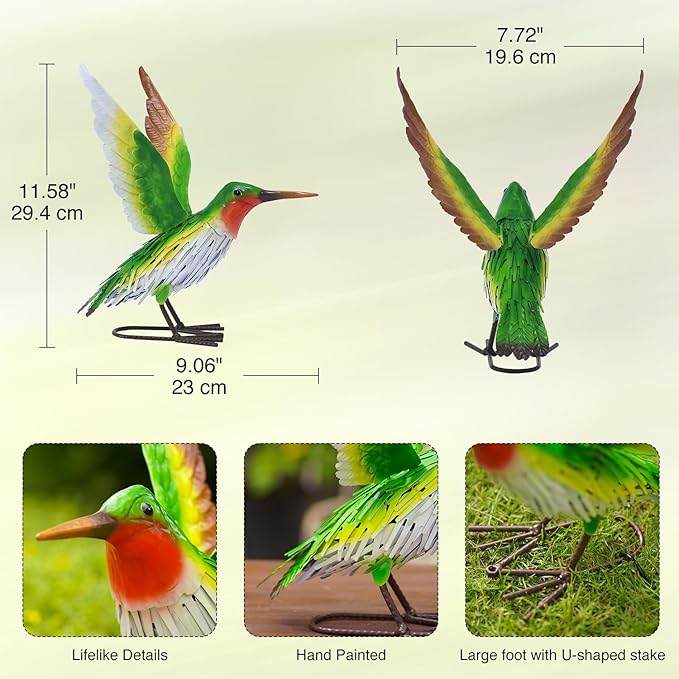 Goodeco Hummingbird Statue for Garden Decor - Handmade Metal Birds for Home & Yard with Outdoor Figurines and Decorations, Great Gifts for Women Mom and Grandma (Green)