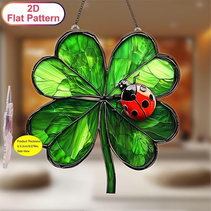 St. Patrick's Day Suncatcher Green Window Hanging with Shamrock Beetle desigsn Cute Stained Glass Suncatchers Full Cover Ireland Windows Decorations ndoor Outdoor for Home Garden Gift for Women Friend