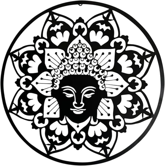 Bellaa 23514 Metal Wall Art Black Buddha Mandala Meditation Yoga Altar Indoor Serene Zen Buda Home Decor Outdoor Garden Patio Hanging 3d Sign Laser Cut 24 inch