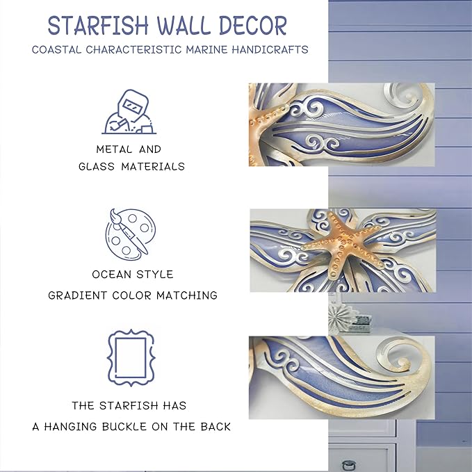 POXOHO Starfish Nautical Bathroom Decor, Starfish Coastal Wall Decor Art for Bedroom House Home, 12" Hanging Glass Sculpture, Beach Wall Art Ocean Gifts for Women & Men (Purple)