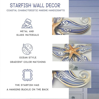 POXOHO Starfish Nautical Bathroom Decor, Starfish Coastal Wall Decor Art for Bedroom House Home, 12" Hanging Glass Sculpture, Beach Wall Art Ocean Gifts for Women & Men (Purple)