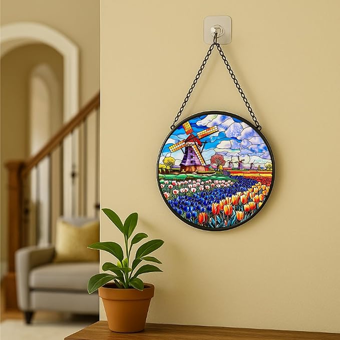 Stained Glass Window Hanging - 7.8in Windmill and Tulips Flowers Field Sun Catchers Indoor Stained Glass Panels Wall Decor for Mom，Wife，Lovers，Festive