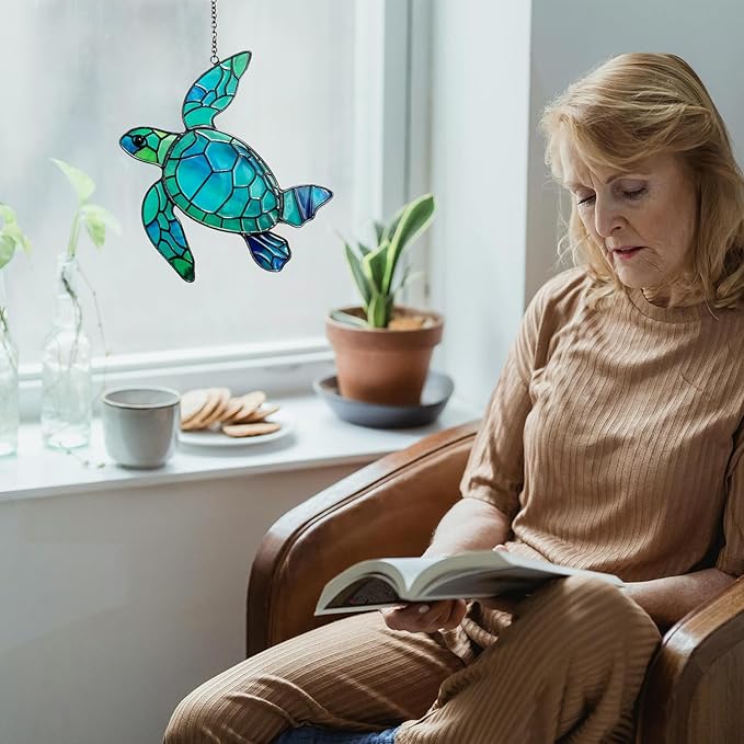 Sea Turtle Stained Glass Window Hanging, Hand-Painted Sun Catcher Glass Panel Wall Art Decor with Chain, Sea Turtle Gifts for Women Mom Grandma, Outdoor Indoor Art Decor for Home Garden