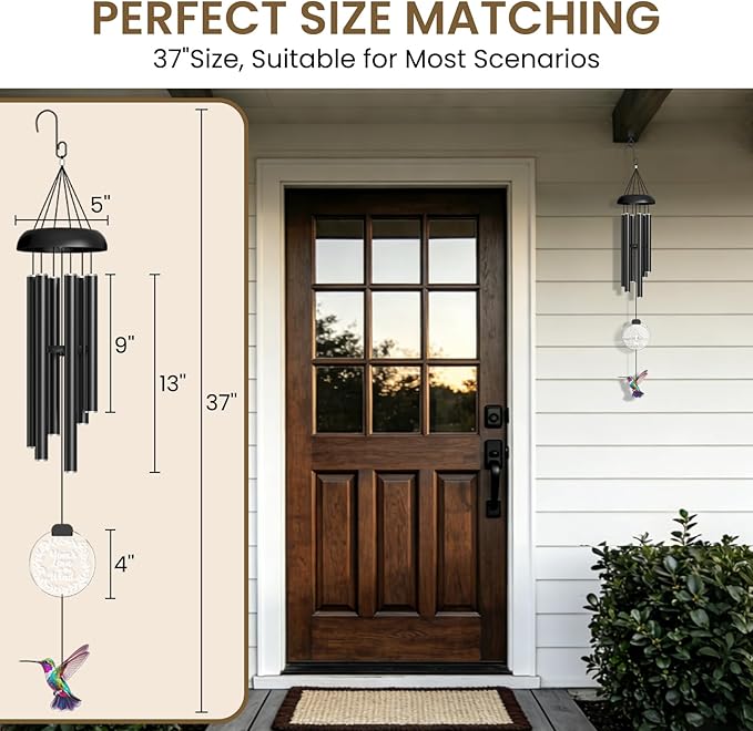 37" Solar Wind Chimes for Outside, Gifts Wind Chimes with Solar Powered Acrylic Lights & Hand-Painted Hummingbird for Mom, Grandma, Outdoor Wind Chimes for Garden, Patio, Yard
