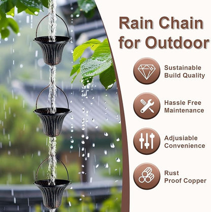 Lotus Rain Chain, 6.5FT Rain Chain Gutters, Adjustable Rain Catcher Chain with 10 Cups, Rain Chain Downspouts for Outdoor Gutter (Small Cup)