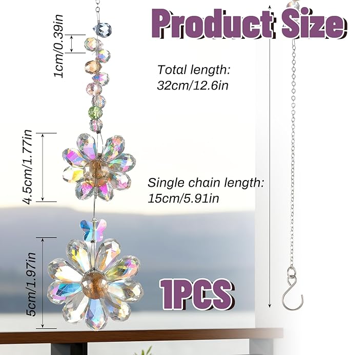 Suncatchers for Windows Hanging, Glass Outdoor Hanging Decor Suncatcher, 12.6 Inch Hang Crystals for Windows with 5.91 Inch Chain, for Patio Garden Living Room(Deep Color)