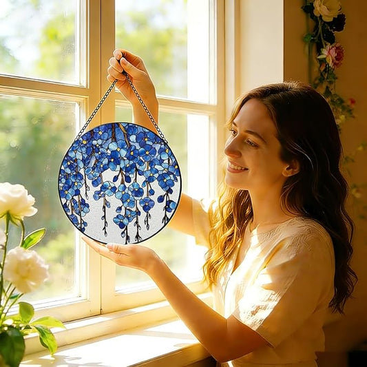 Stained Glass Window Hanging, 8 Inch Forget Me Not Flower Suncatcher, Sun Catchers Indoor Window, Blue Floral Suncatchers for Windows Hanging, Spring Home Garden Decor Panel Gifts for Mom Grandma Wife