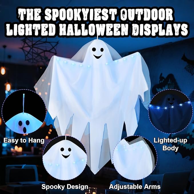 4 Pack Halloween Light up Hanging Ghost Decoration Outdoor, Cute Halloween Decor 31.5" Flying Ghosts with Blue LED Light and Timer for Front Yard Porch Patio Lawn Garden Party Decor Indoor Outdoor