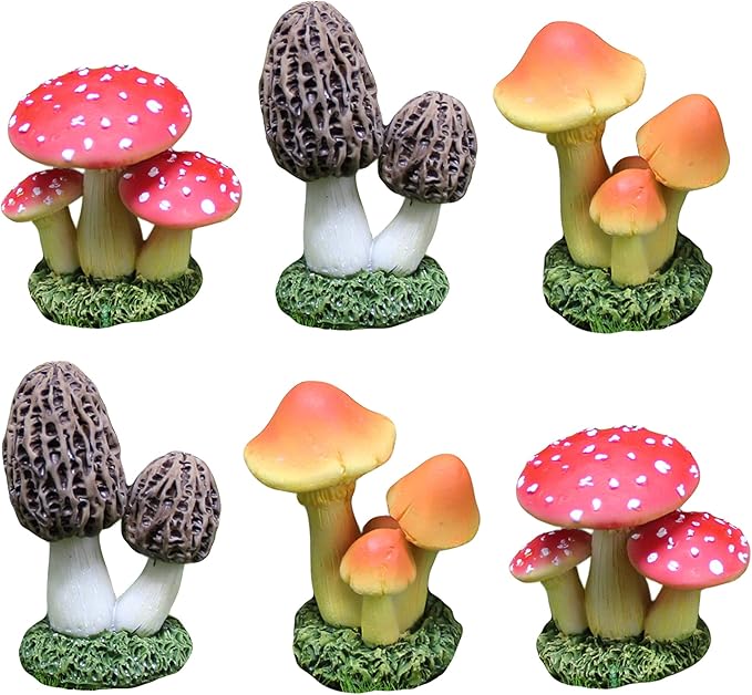 DIYOMR 6Pcs Mushroom Figurines, Resin Mushrooms Statues Craft Fairy Garden Accessories Indoor Outdoor Decor for Home DIY/Windowsill/Tabletop/Garden/Micro Landscape Decor/Bonsai Ornaments