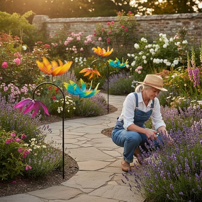 24" Large Wind Spinner Outdoor - Heavy Duty Multi Colored Flowers Wind Sculpture with Metal Stake, Three Flower Design Pinwheels for Yard and Garden Decor
