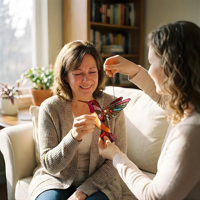Pink Hummingbird Handmade Resin Suncatchers, Artisan Sun Catcher Stained Glass Effect Window Hummingbird Ornaments Window Hanging Garden Decor, Gifts for Mother's Day, Mom, Grandma, Wife, Women