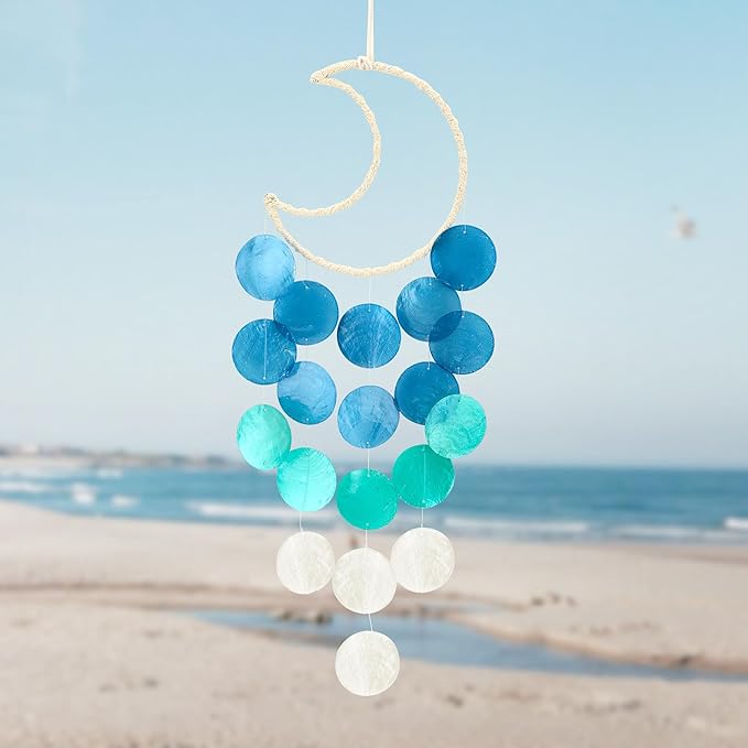 Capiz Wind Chimes for Outside, Outdoor Seashell Hanging Beach Coast Ocean Home Decorative, Unique Natural Shell Waterfall Windchimes for Summer Patio, Great Memorial Gift（Gradient Blue