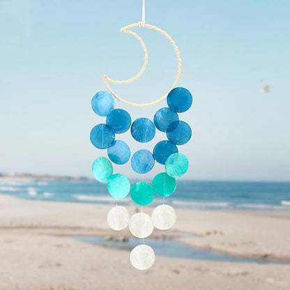 Capiz Wind Chimes for Outside, Outdoor Seashell Hanging Beach Coast Ocean Home Decorative, Unique Natural Shell Waterfall Windchimes for Summer Patio, Great Memorial Gift（Gradient Blue