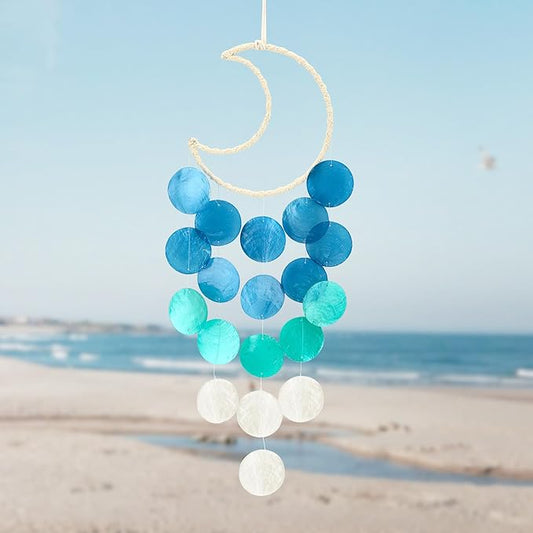 Capiz Wind Chimes for Outside, Outdoor Seashell Hanging Beach Coast Ocean Home Decorative, Unique Natural Shell Waterfall Windchimes for Summer Patio, Great Memorial Gift（Gradient Blue