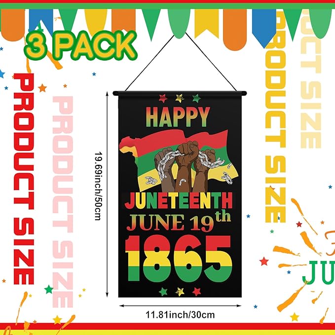 Tegeme 3 Pcs Happy Juneteenth Day Door Sign Flag African American Independence Day Door Hanging Banner Juneteenth Wall Decoration for Party Holiday Home Outdoor Indoor Decoration
