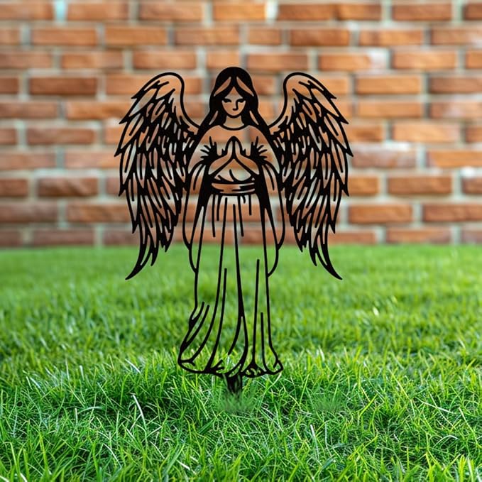 WADORN Angel Silhouette Garden Stakes Decor, Metal Angel Lovers Gifts Stakes Statues Ornaments for Yard Art Black Silhouette Yard Outside Decor for Backyard Lawn Patio Outdoor Decor, 15x8.3Inch