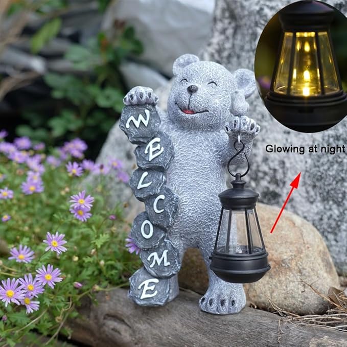 Bear Figurine Light Solar Powered Led Light- Welcome Lawn Decor Bear Garden Statues for Patio, Balcony, Yard Ornament, Outdoor Figurine Light House Housewarming Gifts, 7.8x4.13inch