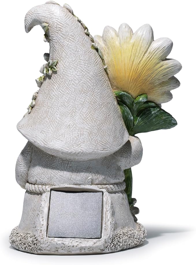 basen Solar Garden Gnome Statue with Glowing Daisy Flower, Outdoor Solar Gnome Figurine Decor for Yard Lawn Patio, Resin Garden Gnome Decoration with LED Light for Garden Landscape Ornament