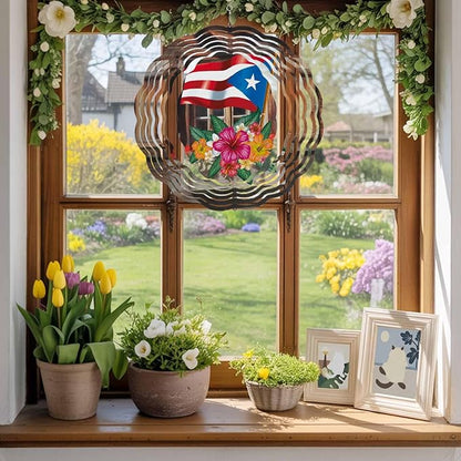Wind Spinners for Yard and Garden - 3D Stainless Steel Hanging Spinners Indoor/Outdoor Kinetic Yard Art - Round Wind Chime 7.8 Inch, Puerto Rico Flag and Hibiscus in Barn