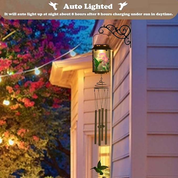 Solar Wind Chimes for Outdoor, Hummingbird Garden Decorations Memorial Wind Chimes Deep Tone, Sympathy Windchimes for Outside Garden Décor, Gifts for Mom, Grandma-Hummingbird