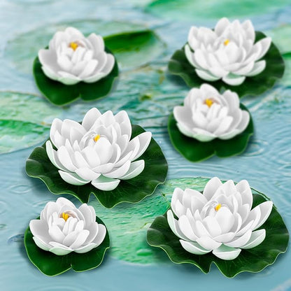 Yunlly 24 Pcs Floating Foam Lotus Flower with Water Lily Pads Artificial Floating Pool Flowers Lifelike Pond Accessories Floating Pool Decorations for Home, Garden Aquarium Party Wedding Decor, White