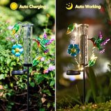 Hummingbird Rain Gauge Outdoor,Decorative Rain Gauges with LED Solar Lights,7” Glass Tube Rain Gauge Freeze Proof for Garden Patio Lawn