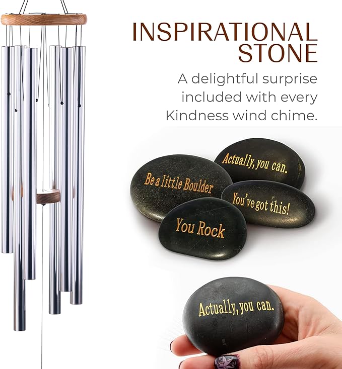 UpBlend XL Wind Chimes for Outside Gift – Deep Tone Wind Chime with Decorative Stone – Garden and Patio Décor for Porch or Yard, Elegant Outdoor Ornament, Meaningful Gift for Neighbors. 41” Silver.