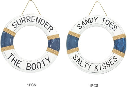 Hand Carved Lifesaver Rings Decor - Surrender the Booty and Sandy Toes, Salty Kisses Design - Nautical Beach Décor - Pool Safety Equipment - Outdoor Sign, Pool and Boat Decoration