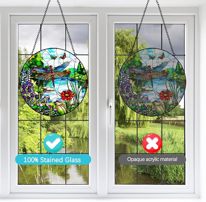 Dragonfly Suncatcher Stained Glass Window Hanging - 8″ Handmade Butterfly Wildflowers Suncatchers for Windows Hanging - Sun Catchers Indoor Wall Decor Glass Art Panel Mothers Day for Mom Grandma Gift