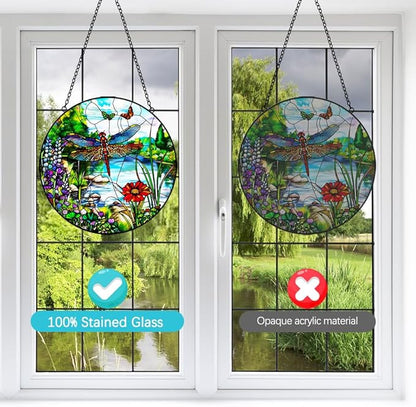 Dragonfly Suncatcher Stained Glass Window Hanging - 8″ Handmade Butterfly Wildflowers Suncatchers for Windows Hanging - Sun Catchers Indoor Wall Decor Glass Art Panel Mothers Day for Mom Grandma Gift