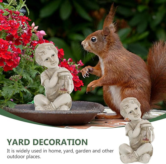 Yardwe Solar Lamp Sculpture Outdoor Garden Figurine Boy Statue Decor Solar Powered Landscape Lighting 3.5X3.5X7.2 Inches Weatherproof Lantern for Yard Patio