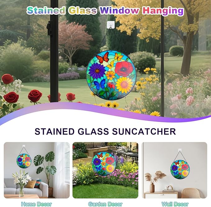 Wildflowers Stained Glass Window Hanging, Wildflowers Suncatcher for Indoor Window, Floral Stained Glass Decor for Garden, Home, Outdoor, Sun Catchers Birthday Gift for Women,Lovers and Mom 12 Inch
