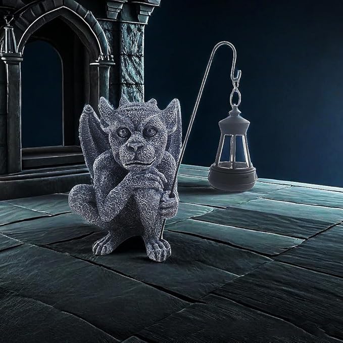 AKV Solar Gargoyle Statues Outdoor with Light, Funny Gothic Garden Decor, 8.26 inch Sitting Winged Gargoyle Sculpture for Yard Patio Lawn Ornament Decorations, Handmade Resin Garden Trolls Figurines