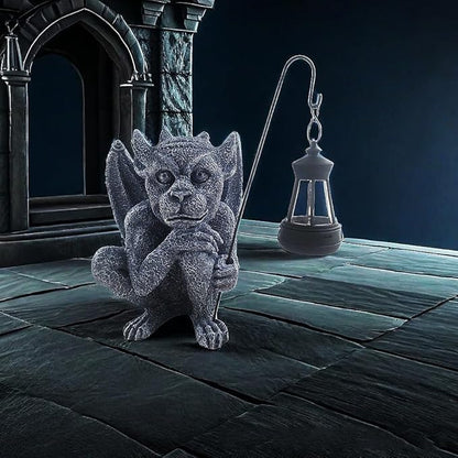 AKV Solar Gargoyle Statues Outdoor with Light, Funny Gothic Garden Decor, 8.26 inch Sitting Winged Gargoyle Sculpture for Yard Patio Lawn Ornament Decorations, Handmade Resin Garden Trolls Figurines