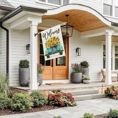 CROWNED BEAUTY Summer House Flag Sunflowers Truck 28x40 Inch Double Sided Large Burlap Holiday Flag for Outside Yard Welcome CF1493-40