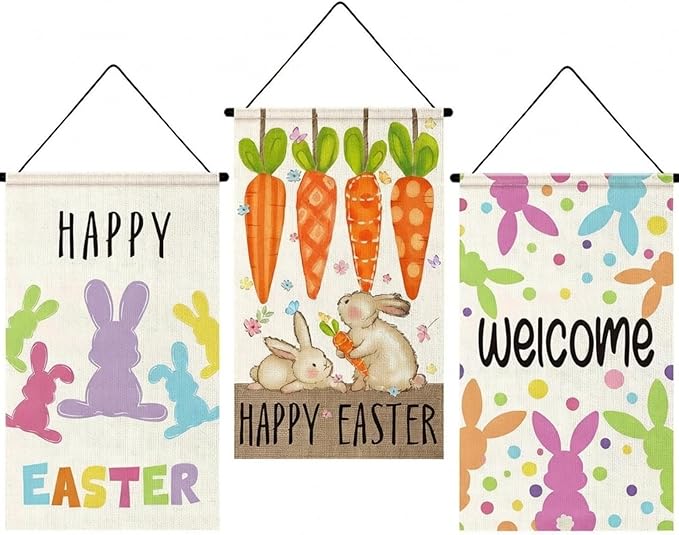 Tegeme 3 Pcs Happy Easter Door Sign Flag Welcome Easter Door Banner Bunny Wall Hanging Ornaments Flag for Party Holiday Outdoor Indoor Home Decoration