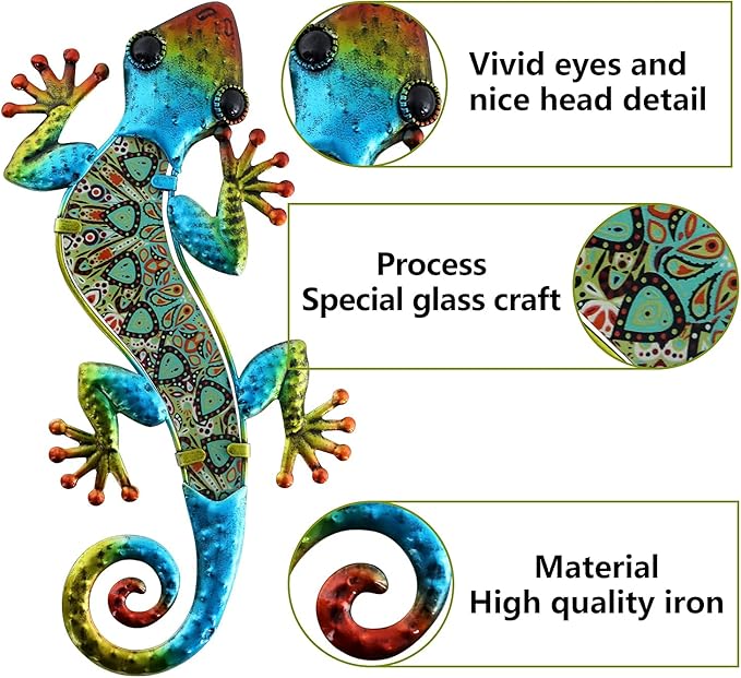 HONGLAND 2Pcs Metal Gecko Wall Decor Lizard Garden Art Color Hanging Glass Sculpture for Indoor Outdoor Patio Fence (Symphony)