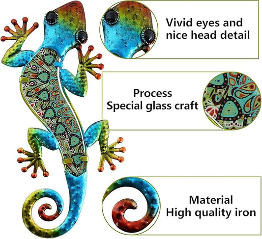 HONGLAND 2Pcs Metal Gecko Wall Decor Lizard Garden Art Color Hanging Glass Sculpture for Indoor Outdoor Patio Fence (Symphony)