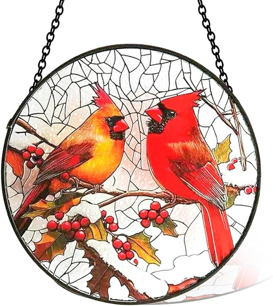 6 Inch Stain Glass Window Hanging, Window Suncatcher with Metal Chain, Cardinal Suncatcher Stained Glass for Bird Lovers Women, Garden, Home, Housewarming Gifts